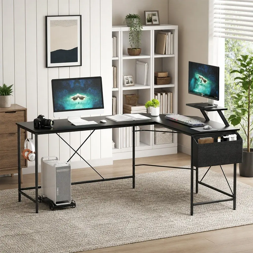 Corner Computer Desk L-Shaped Workstation with Monitor Stand CPU Stand Black