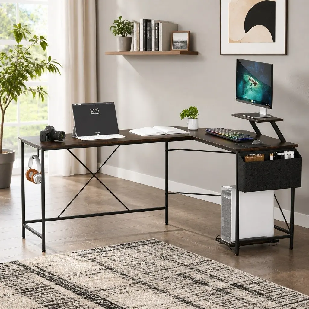 L-Shaped Corner Computer Desk with Monitor Stand CPU Storage Brown Workstation