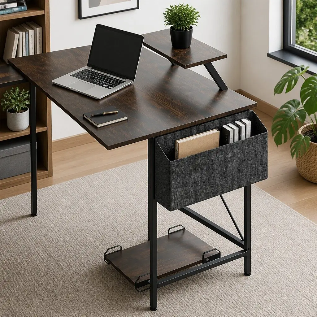 L-Shaped Corner Computer Desk with Monitor Stand CPU Storage Brown Workstation