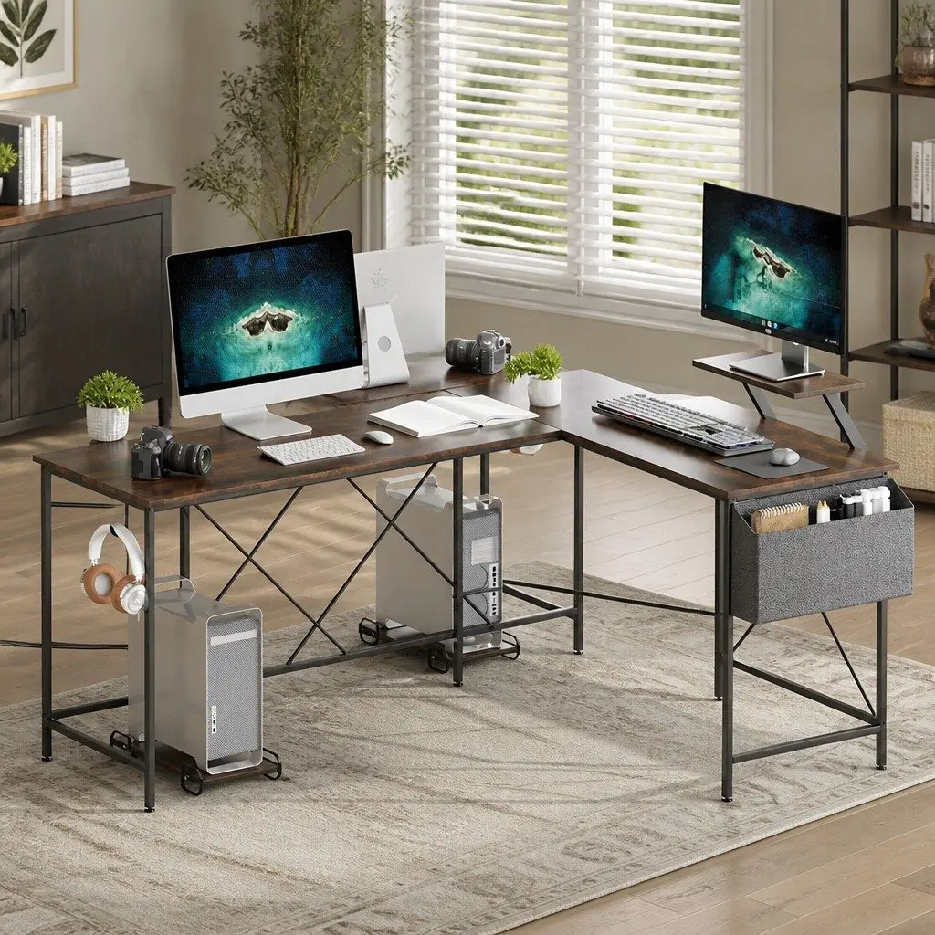 L-Shaped Corner Computer Desk with Monitor Stand CPU Storage Brown Workstation