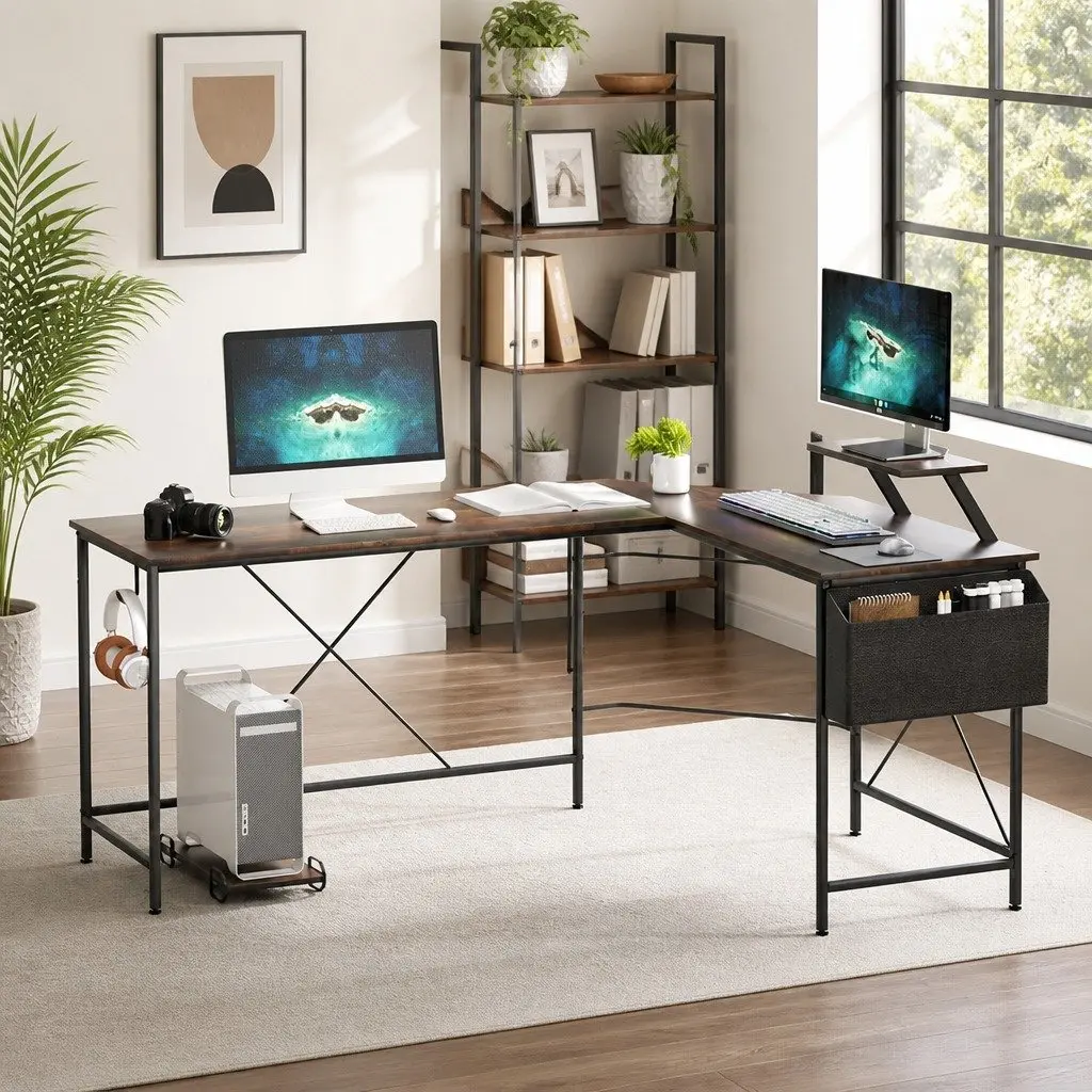 L-Shaped Corner Computer Desk with Monitor Stand CPU Storage Brown Workstation