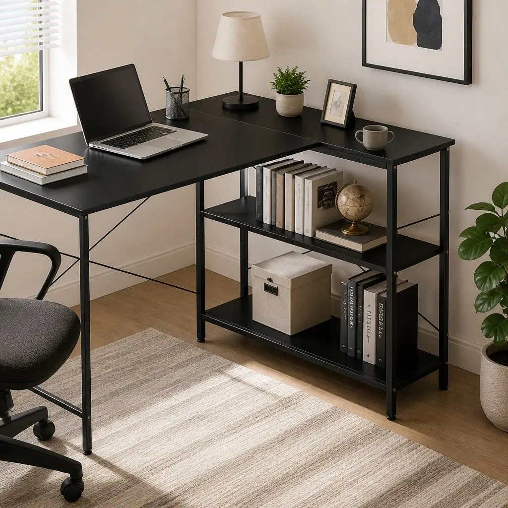 L Shaped Corner Desk with Storage Shelves Adjustable Legs Home Office