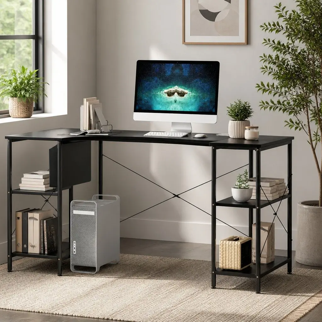 L Shaped Corner Desk with Storage Shelves Adjustable Legs Home Office