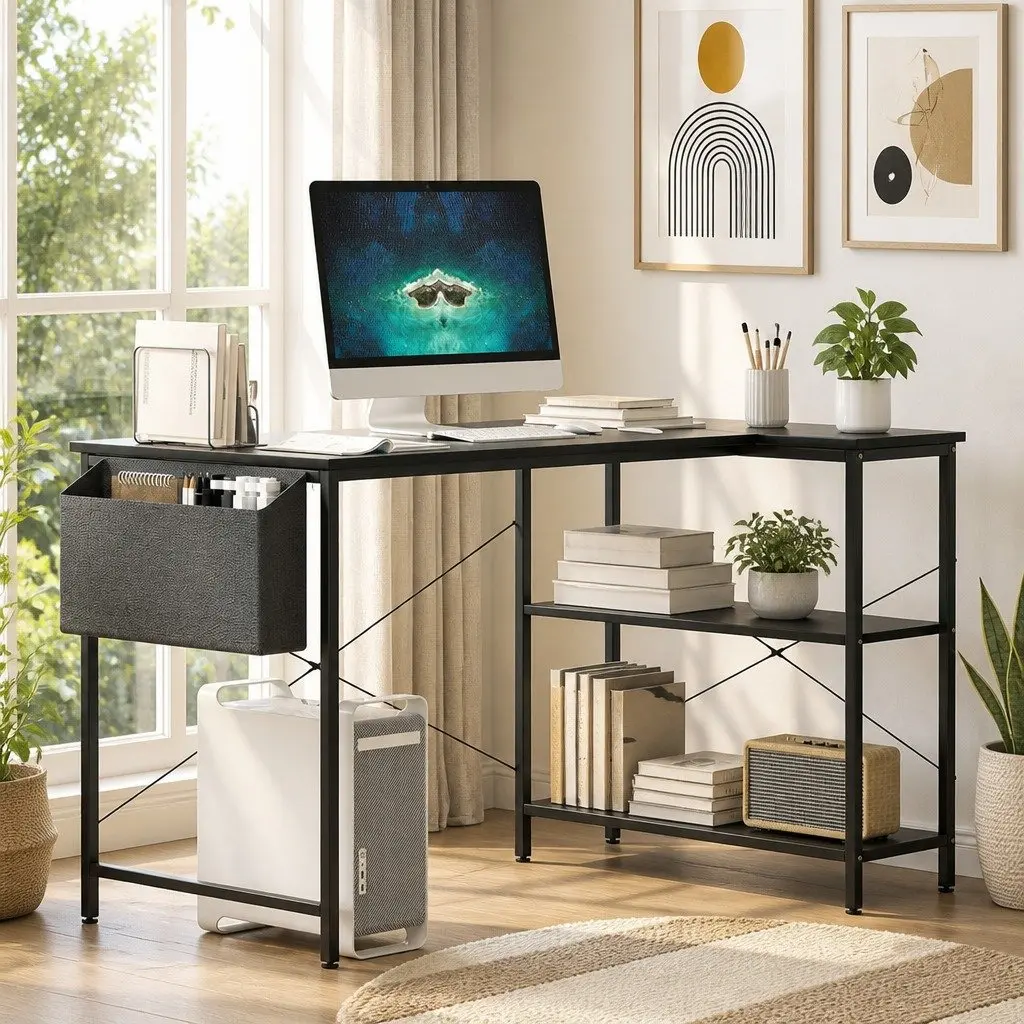 L Shaped Corner Desk with Storage Shelves Adjustable Legs Home Office
