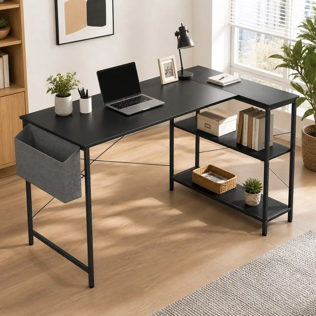 L Shaped Computer Desk Adjustable Height Large Workspace with Three Layer Storage Rack
