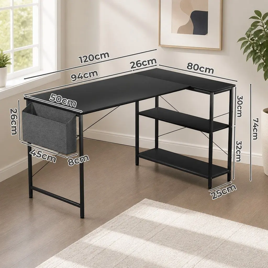 L Shaped Computer Desk Adjustable Height Large Workspace with Three Layer Storage Rack
