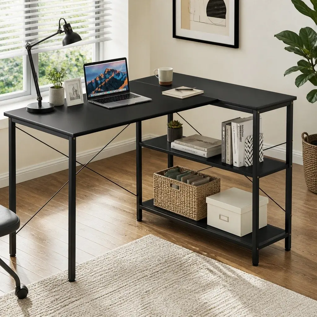 L Shaped Computer Desk Adjustable Height Large Workspace with Three Layer Storage Rack