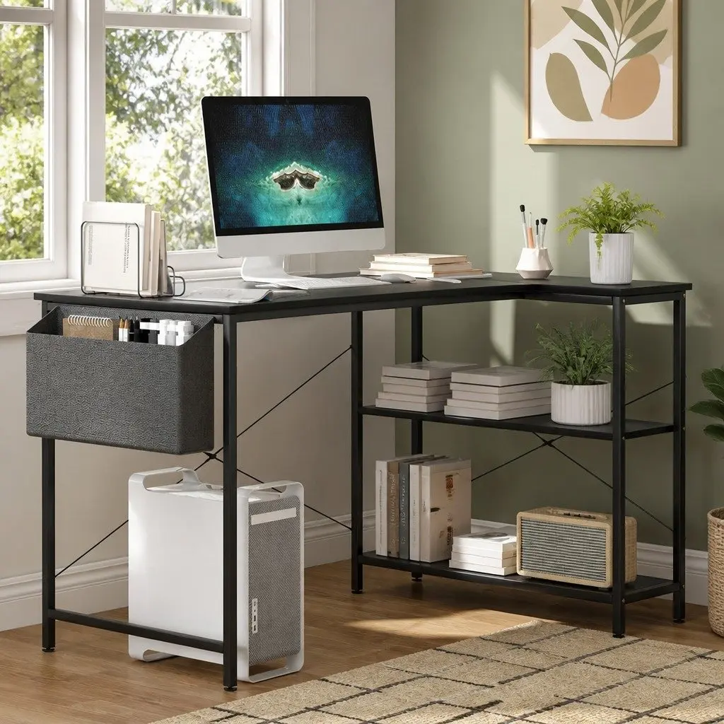 L Shaped Computer Desk Adjustable Height Large Workspace with Three Layer Storage Rack