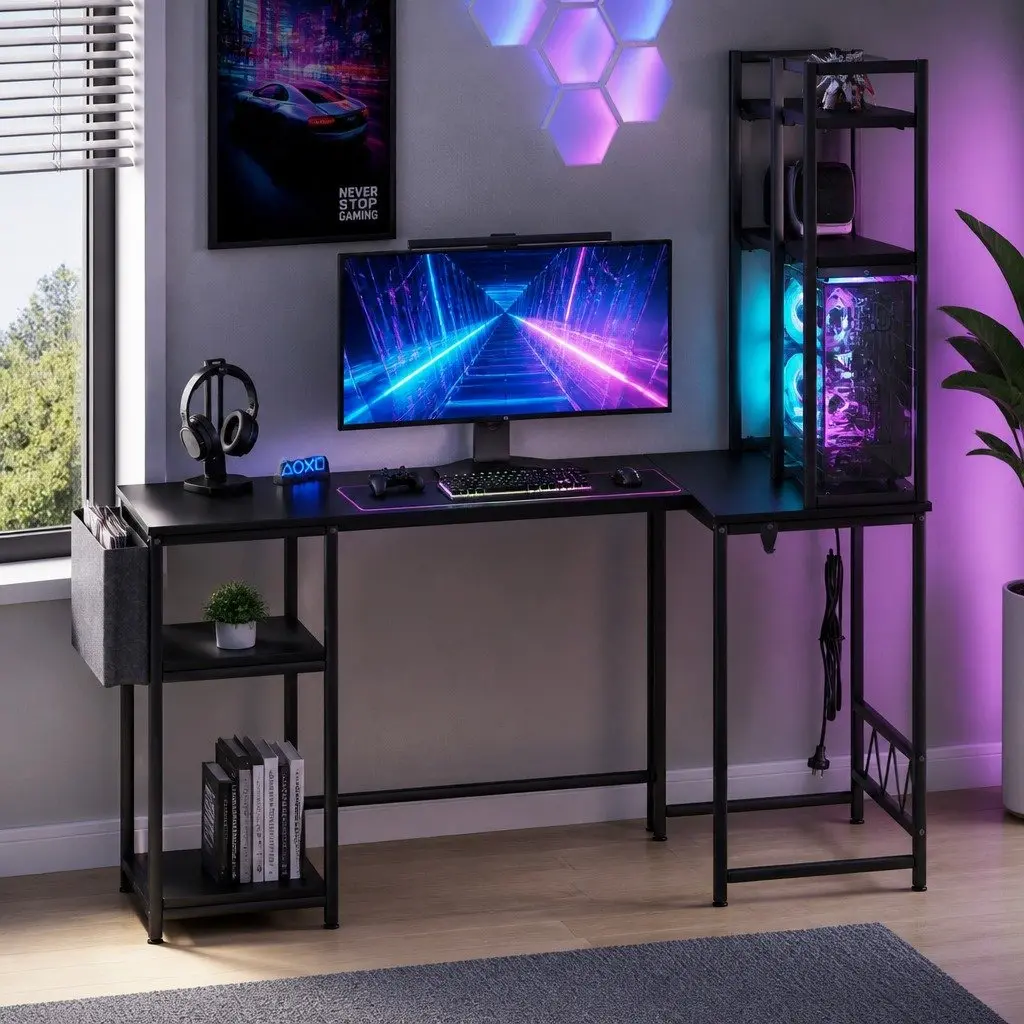 L Shaped Gaming Desk with RGB LED Lights Storage Black Workstation Computer