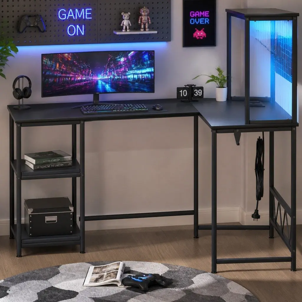 L Shaped Gaming Desk with RGB LED Lights Storage Black Workstation Computer