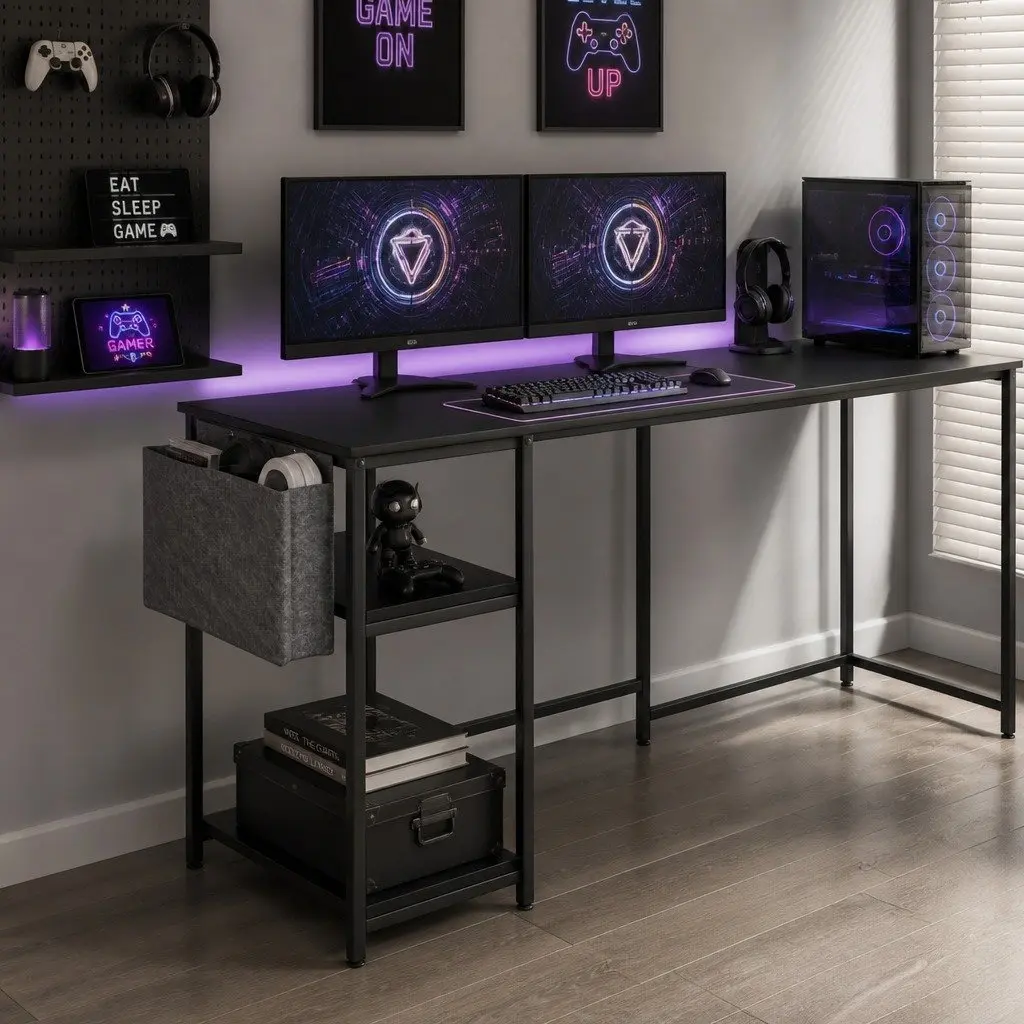 L Shaped Gaming Desk with RGB LED Lights Storage Black Workstation Computer