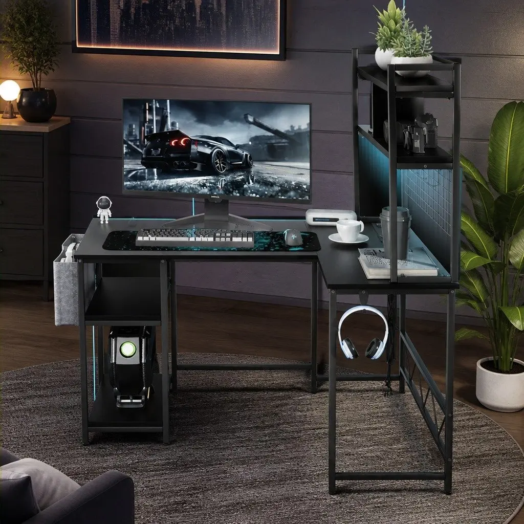 L Shaped Gaming Desk with RGB LED Lights Storage Black Workstation Computer