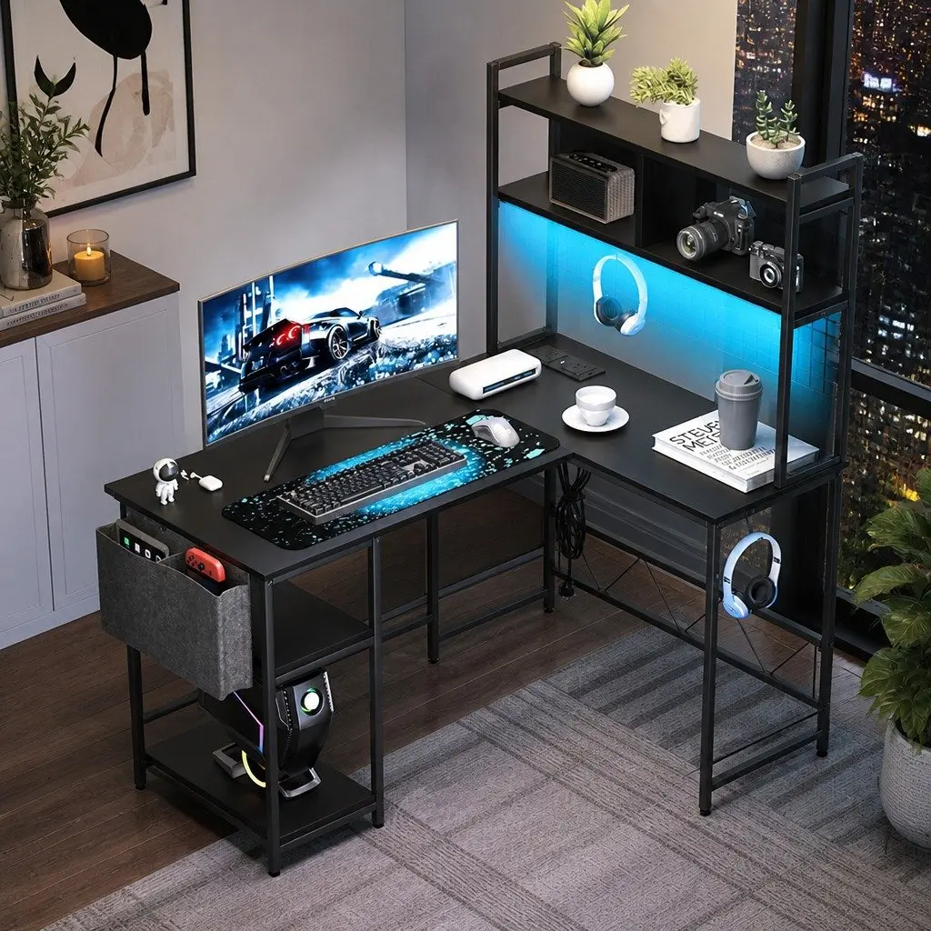 L Shaped Gaming Desk with RGB LED Lights Storage Black Workstation Computer