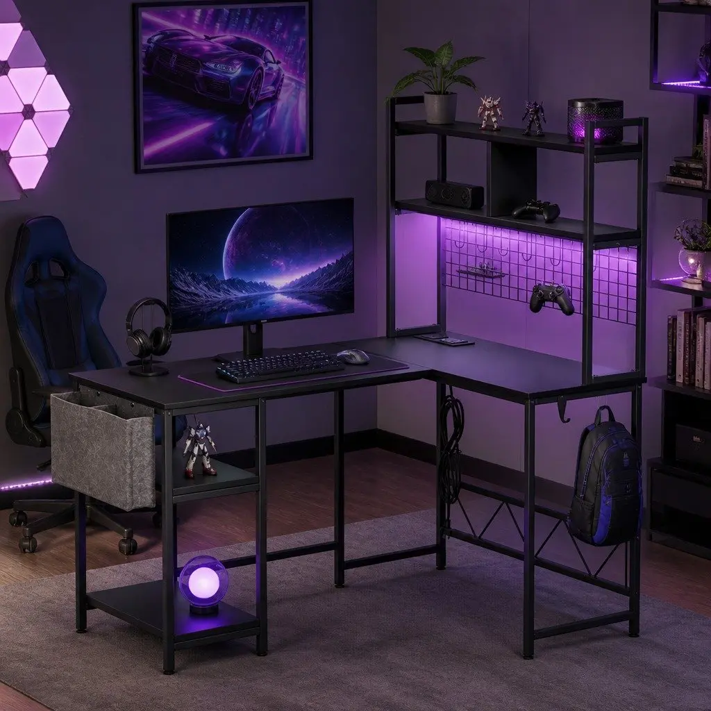 L Shaped Gaming Desk with RGB LED Lights Storage Black Workstation Computer