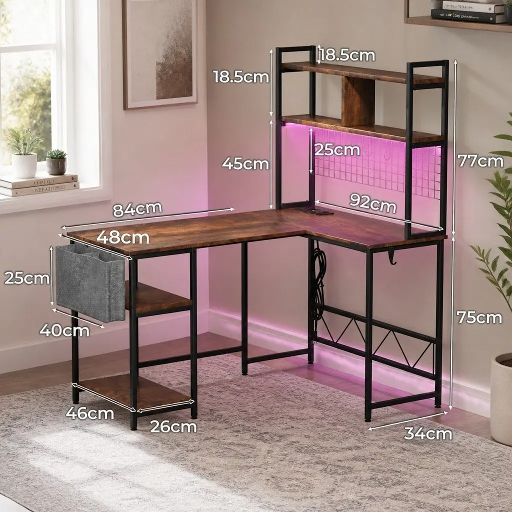 L Shaped Gaming Desk RGB LED Lights Industrial Style Brown 124cm W x 92cm D x 152cm H