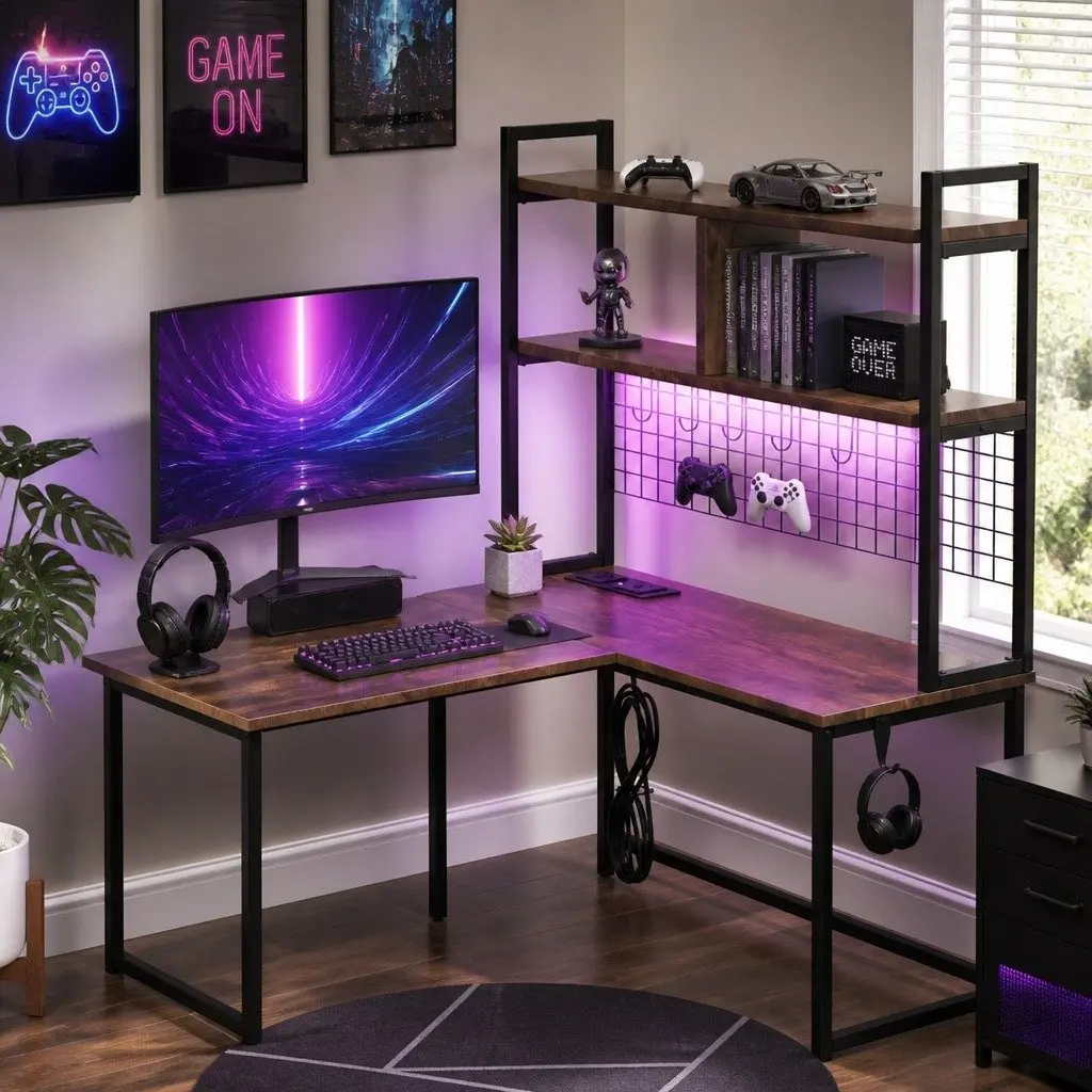 L Shaped Gaming Desk RGB LED Lights Industrial Style Brown 124cm W x 92cm D x 152cm H