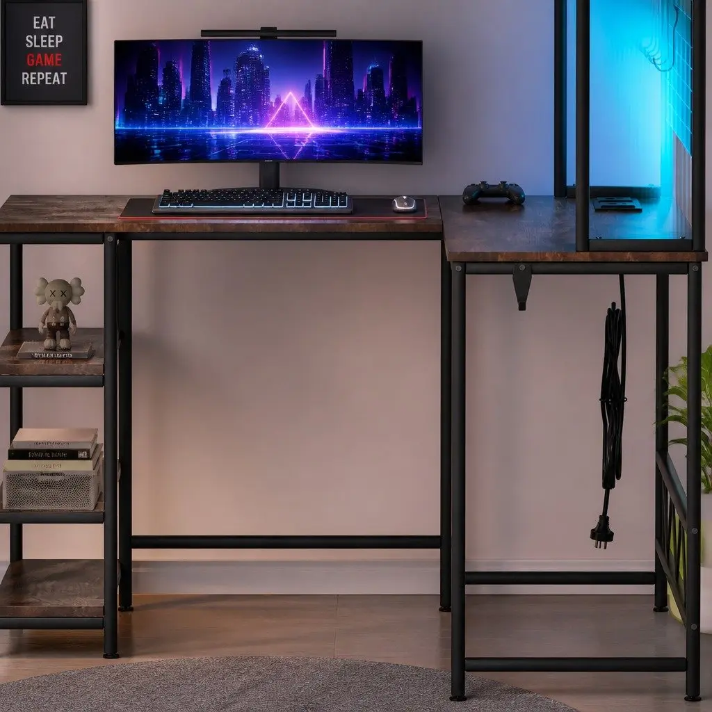 L Shaped Gaming Desk RGB LED Lights Industrial Style Brown 124cm W x 92cm D x 152cm H