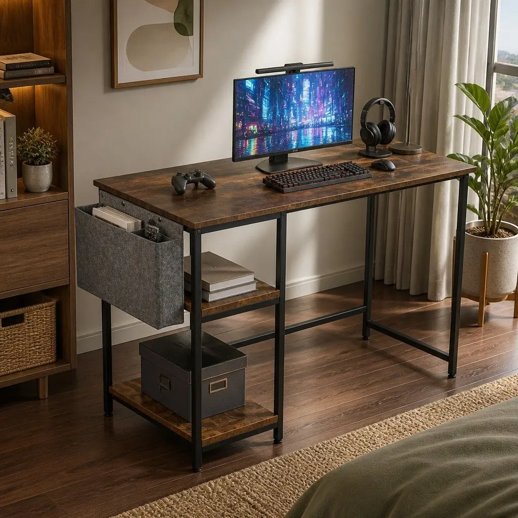 L Shaped Gaming Desk RGB LED Lights Industrial Style Brown 124cm W x 92cm D x 152cm H