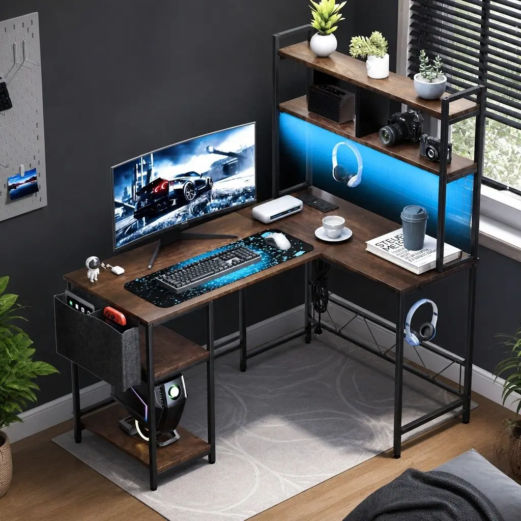 L Shaped Gaming Desk RGB LED Lights Industrial Style Brown 124cm W x 92cm D x 152cm H