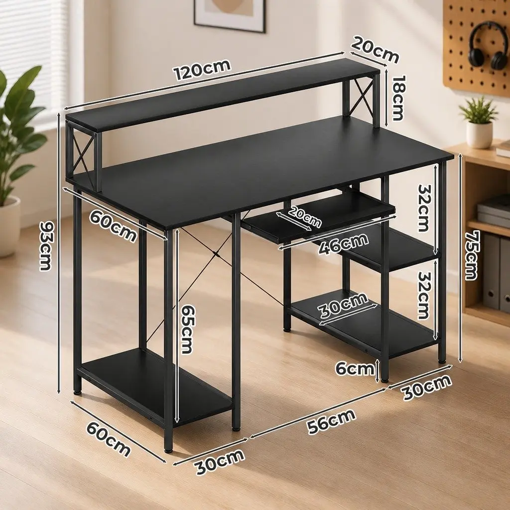 Office Desk Black Industrial Style Adjustable Height 120cm W x 60cm D x 93cm H