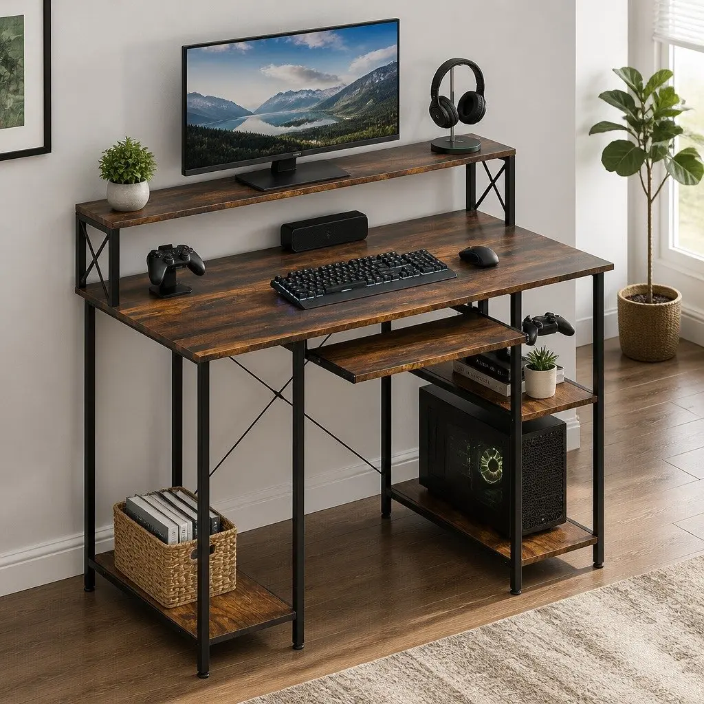 Computer Desk Height Adjustable Industrial Brown 120cm x 60cm x 93cm