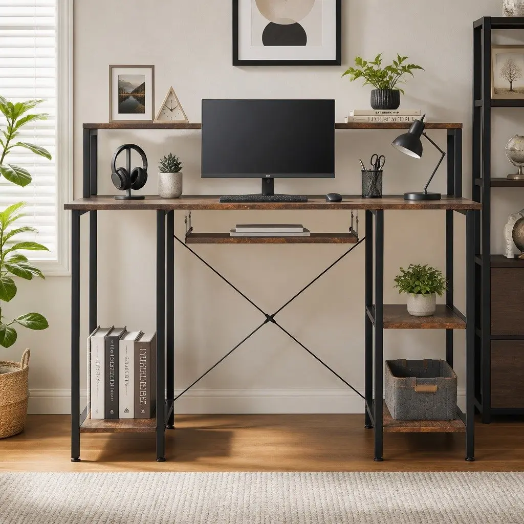 Computer Desk Height Adjustable Industrial Brown 120cm x 60cm x 93cm