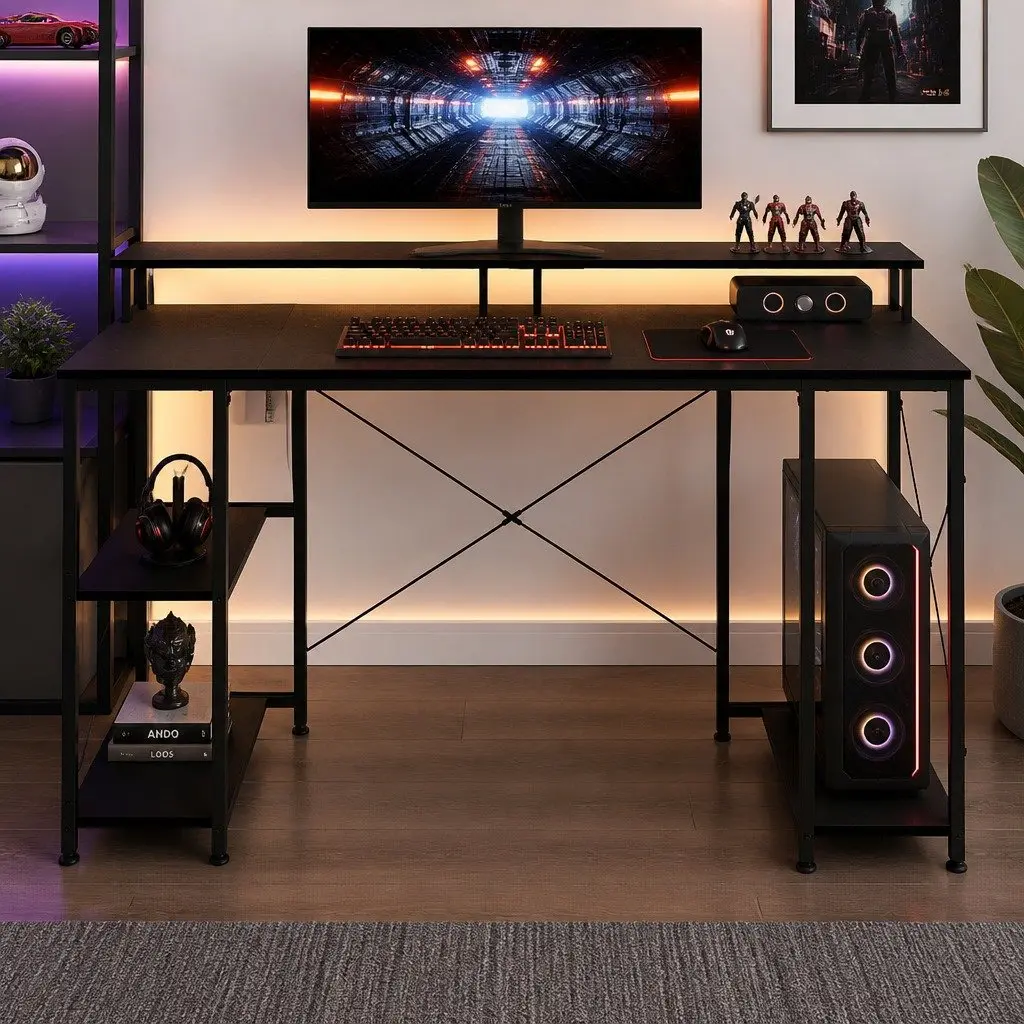 Gaming Desk Computer Table with Raised Monitor Stand and RGB LED Lighting 140cm