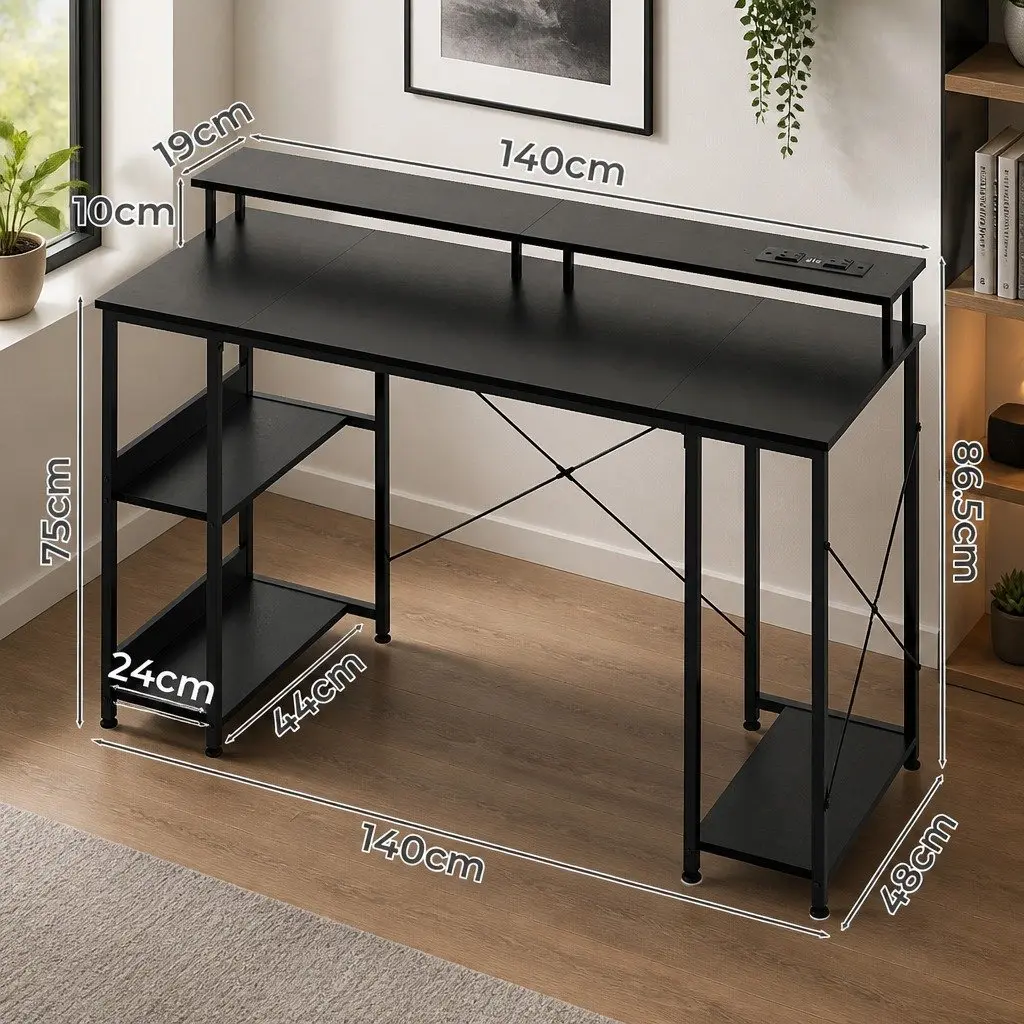 Gaming Desk Computer Table with Raised Monitor Stand and RGB LED Lighting 140cm