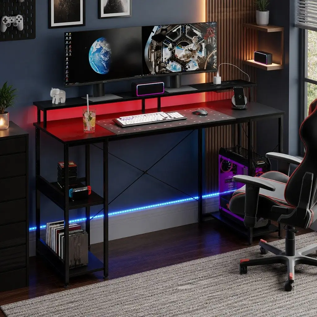Gaming Desk Computer Table with Raised Monitor Stand and RGB LED Lighting 140cm
