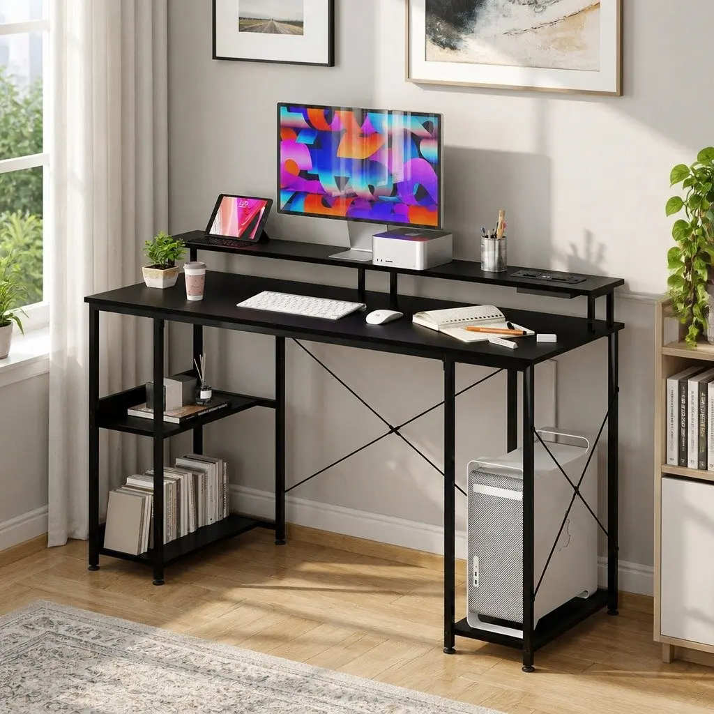 Gaming Desk Computer Table with Raised Monitor Stand and RGB LED Lighting 140cm