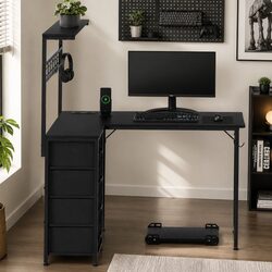 L-Shaped Computer Desk Gaming Study Table with LED Lights Power Outlets Storage