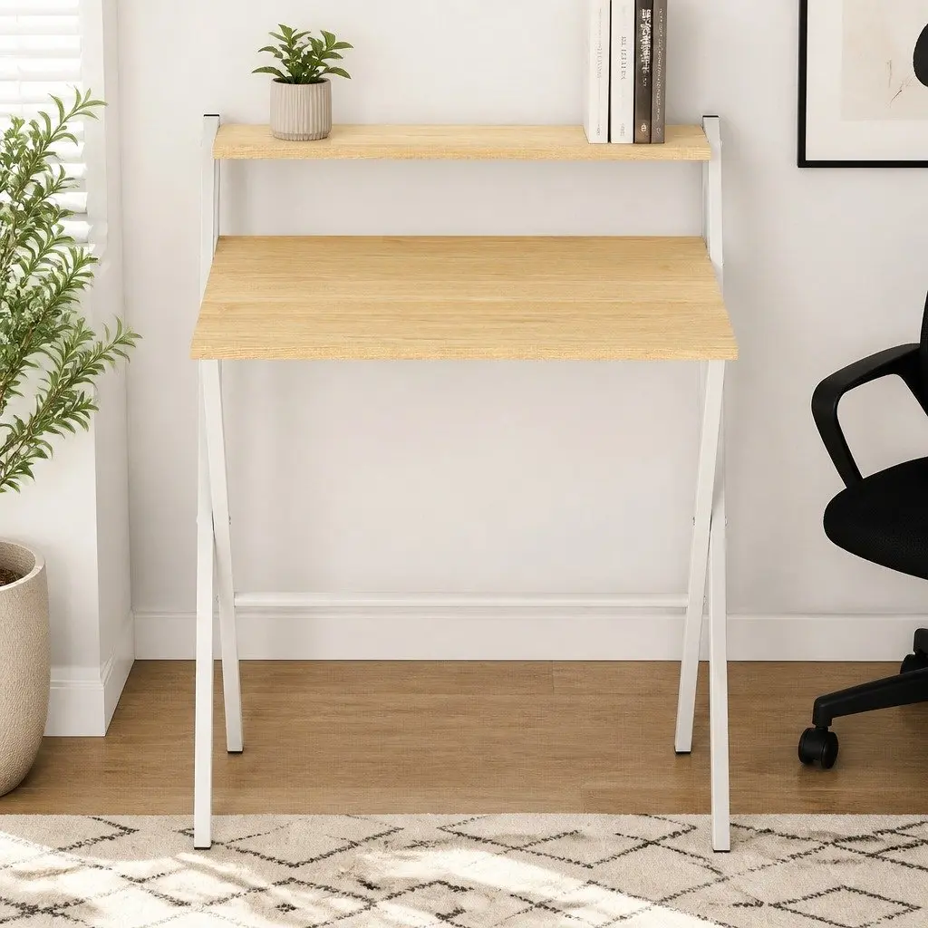Foldable Computer Desk Office Study Desk with Monitor Shelf Oak White Portable