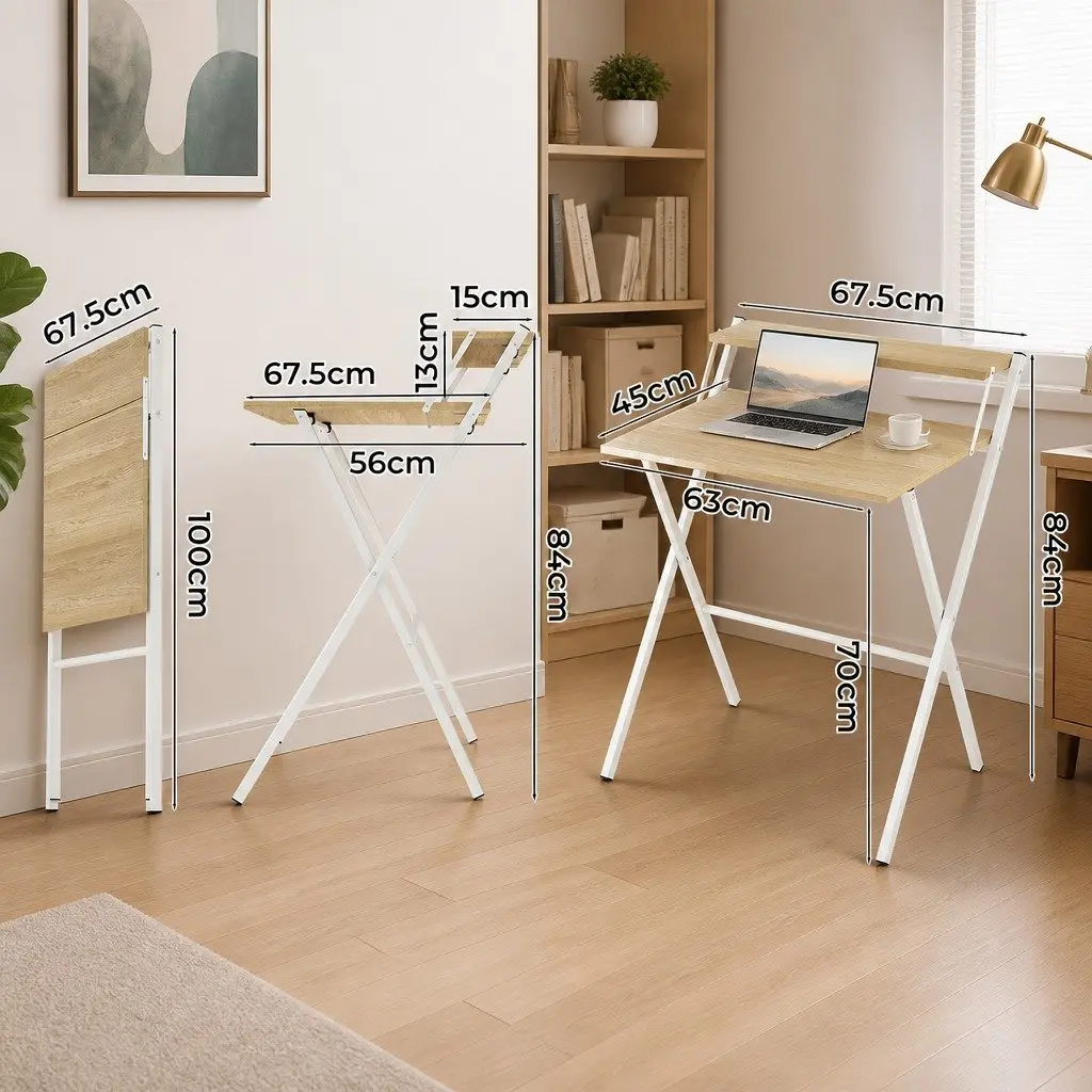 Foldable Computer Desk Office Study Desk with Monitor Shelf Oak White Portable