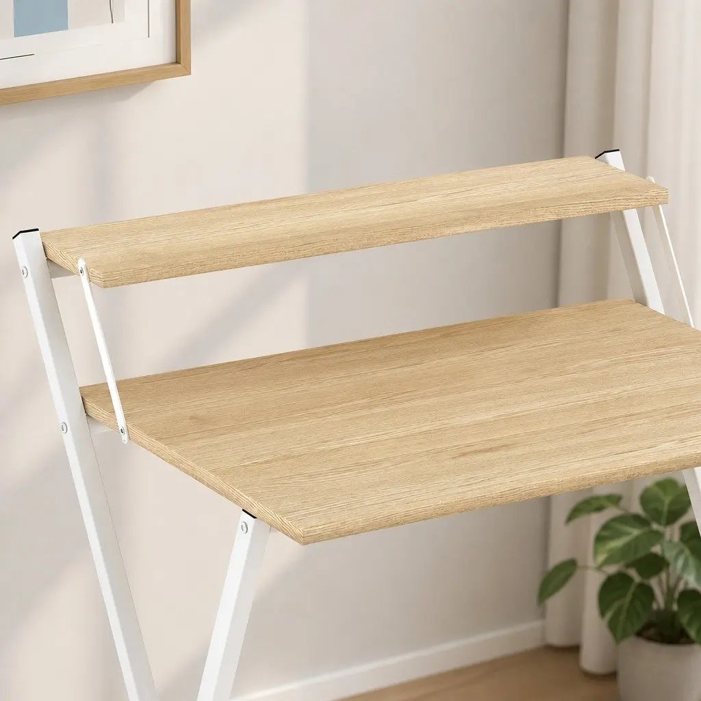 Foldable Computer Desk Office Study Desk with Monitor Shelf Oak White Portable