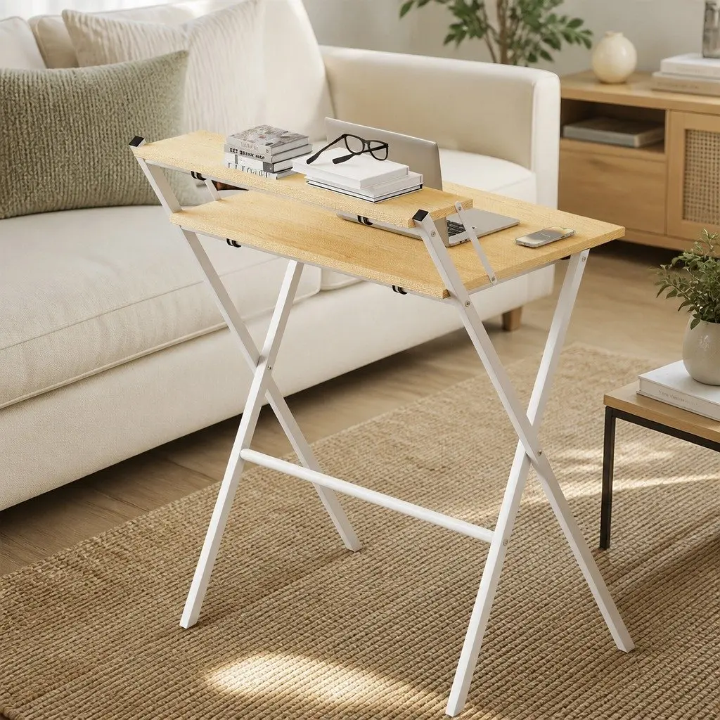 Foldable Computer Desk Office Study Desk with Monitor Shelf Oak White Portable