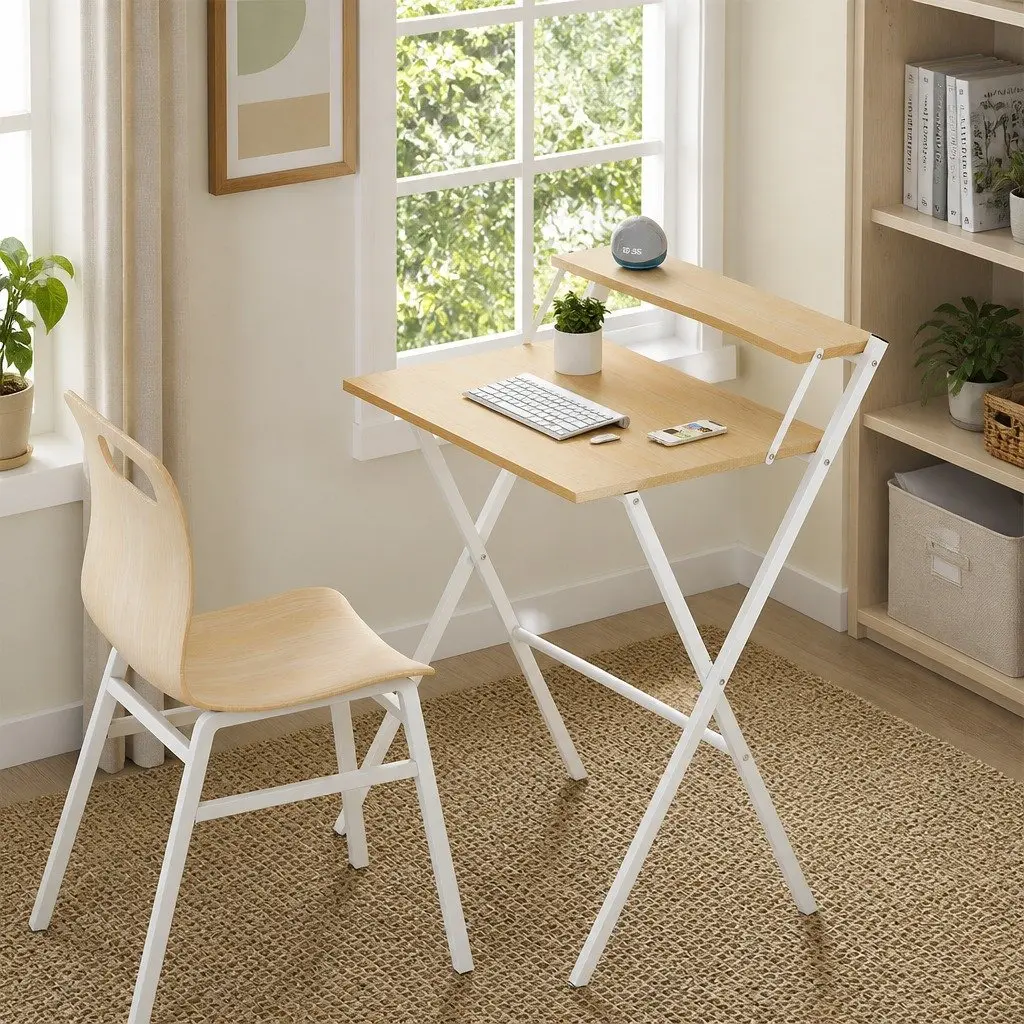 Foldable Computer Desk Office Study Desk with Monitor Shelf Oak White Portable
