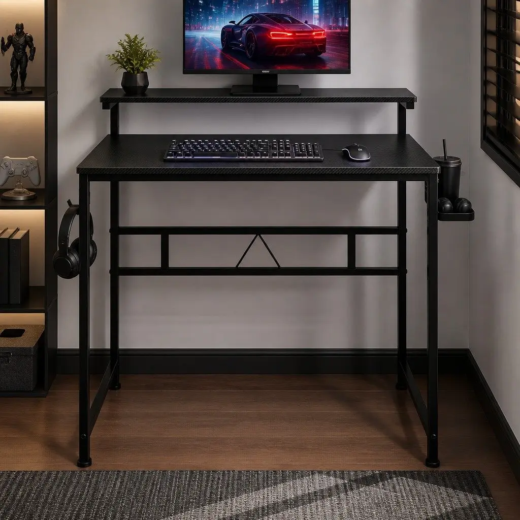 Gaming Computer Desk Adjustable Height Monitor Stand Storage Shelf Headphone