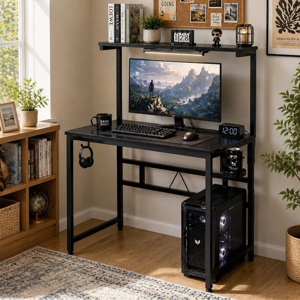 Gaming Computer Desk Adjustable Height Monitor Stand Storage Shelf Headphone