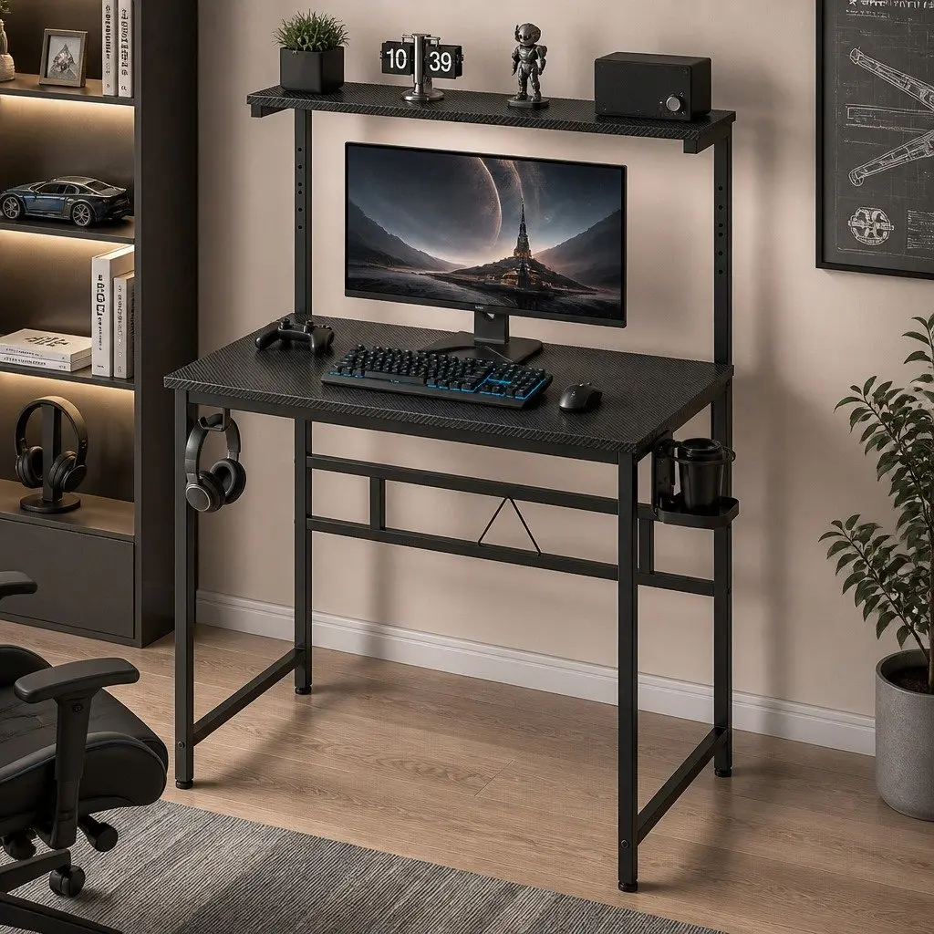 Gaming Computer Desk Adjustable Height Monitor Stand Storage Shelf Headphone