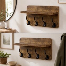 Wall Mounted Coat Rack 2 Pcs Entryway Organizer Storage Shelf Hooks Rustic Brown