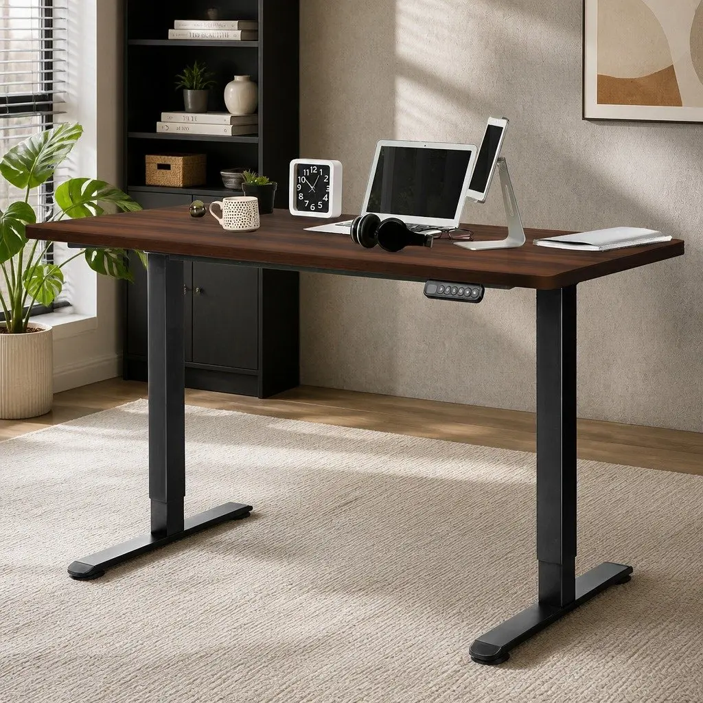 Motorised Standing Desk Adjustable Height 140cm Walnut Desktop Electric Office