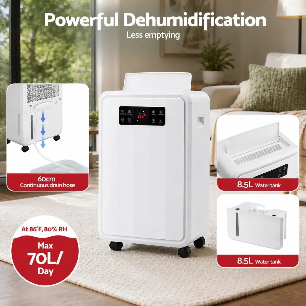 70L/Day Dehumidifier Large Space with 8.5L Water Tank White Moisture Absorber