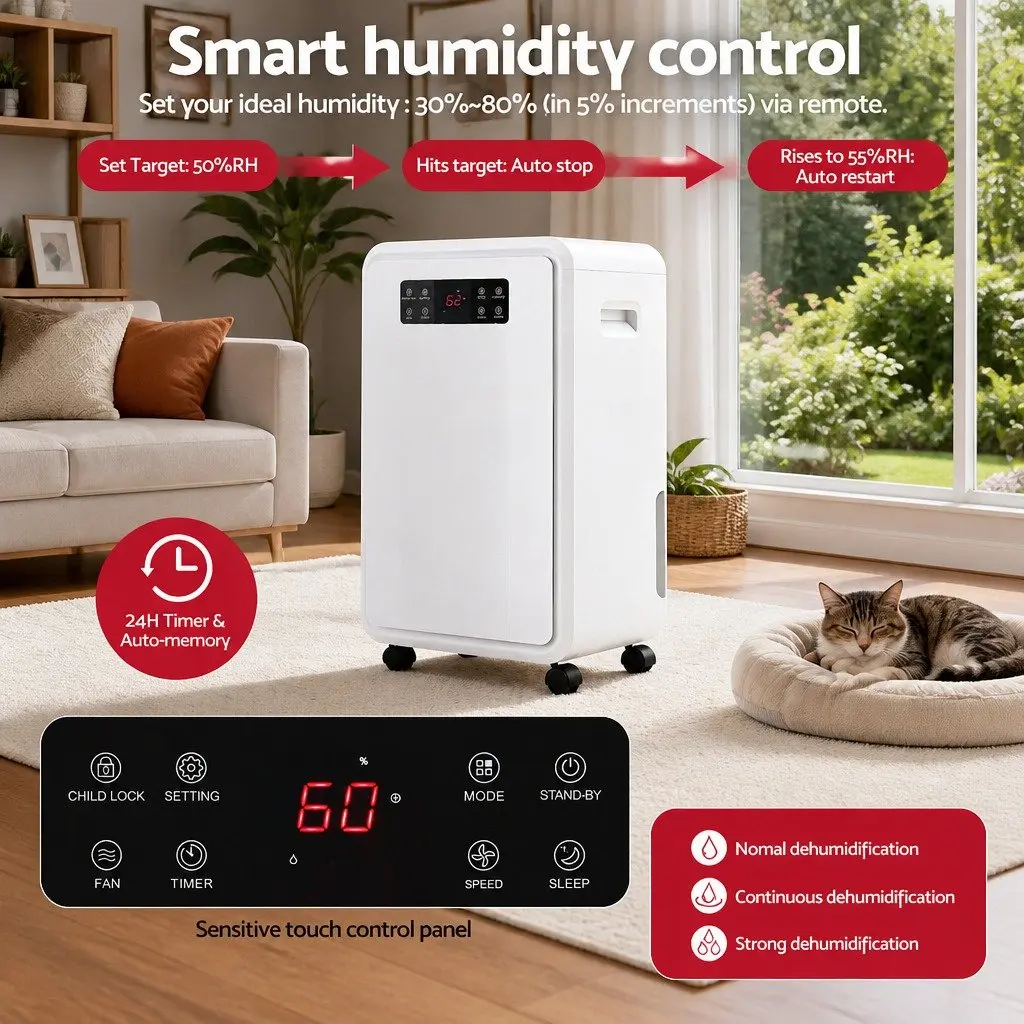 70L/Day Dehumidifier Large Space with 8.5L Water Tank White Moisture Absorber