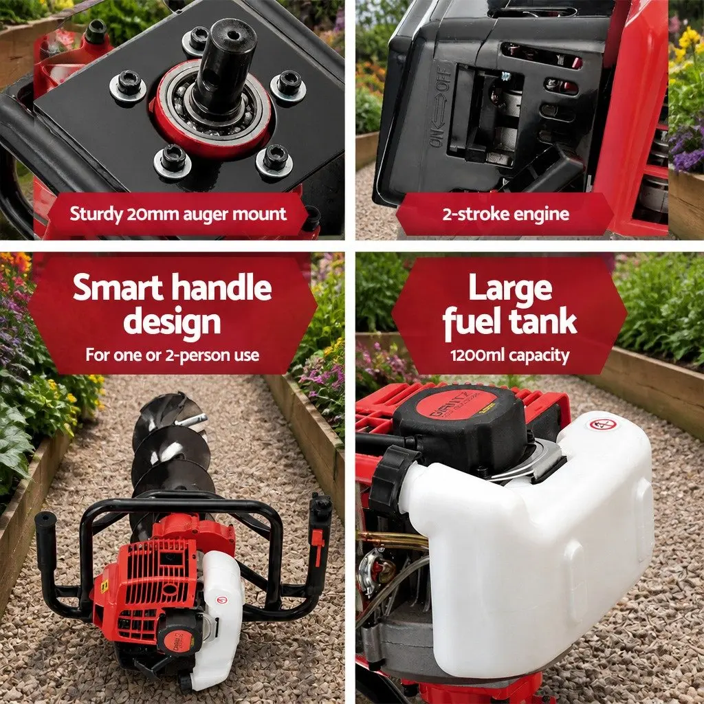 Post Hole Digger 65cc Petrol Auger Borer 200mm with 80cm Extension for Ground Drilling Tasks