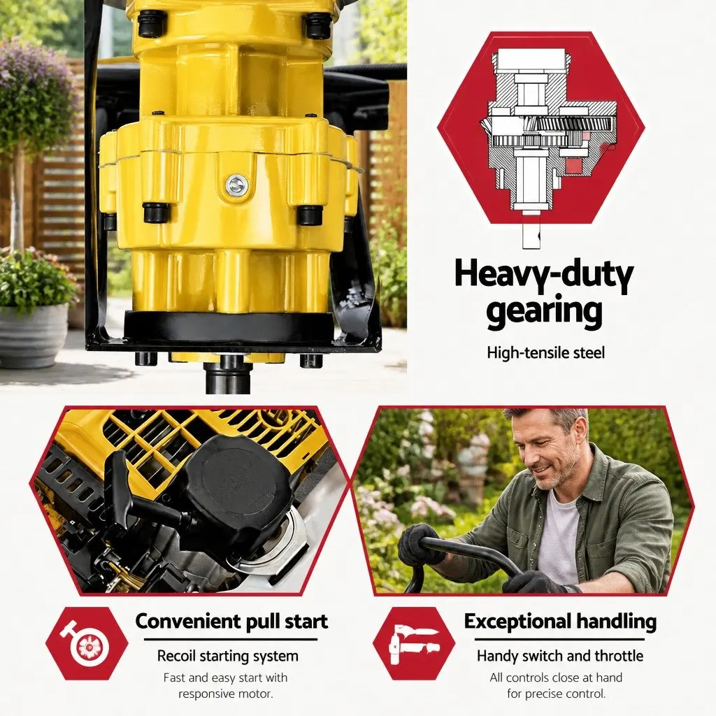 65cc Petrol Post Hole Digger Motor Engine Gearbox Power Tool Yellow
