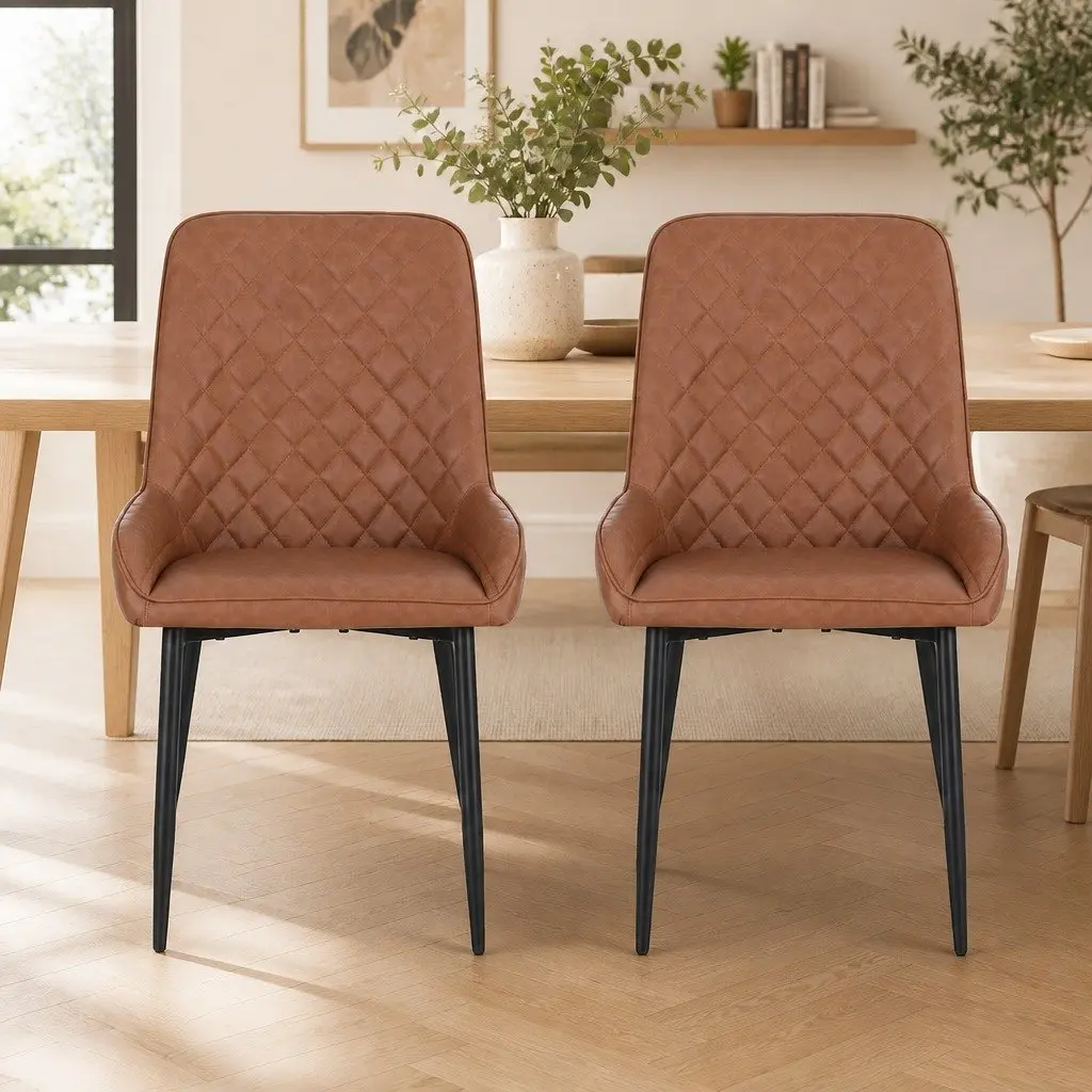 Dining Chairs Retro PU Leather Diamond Tufted Brown 2 Piece