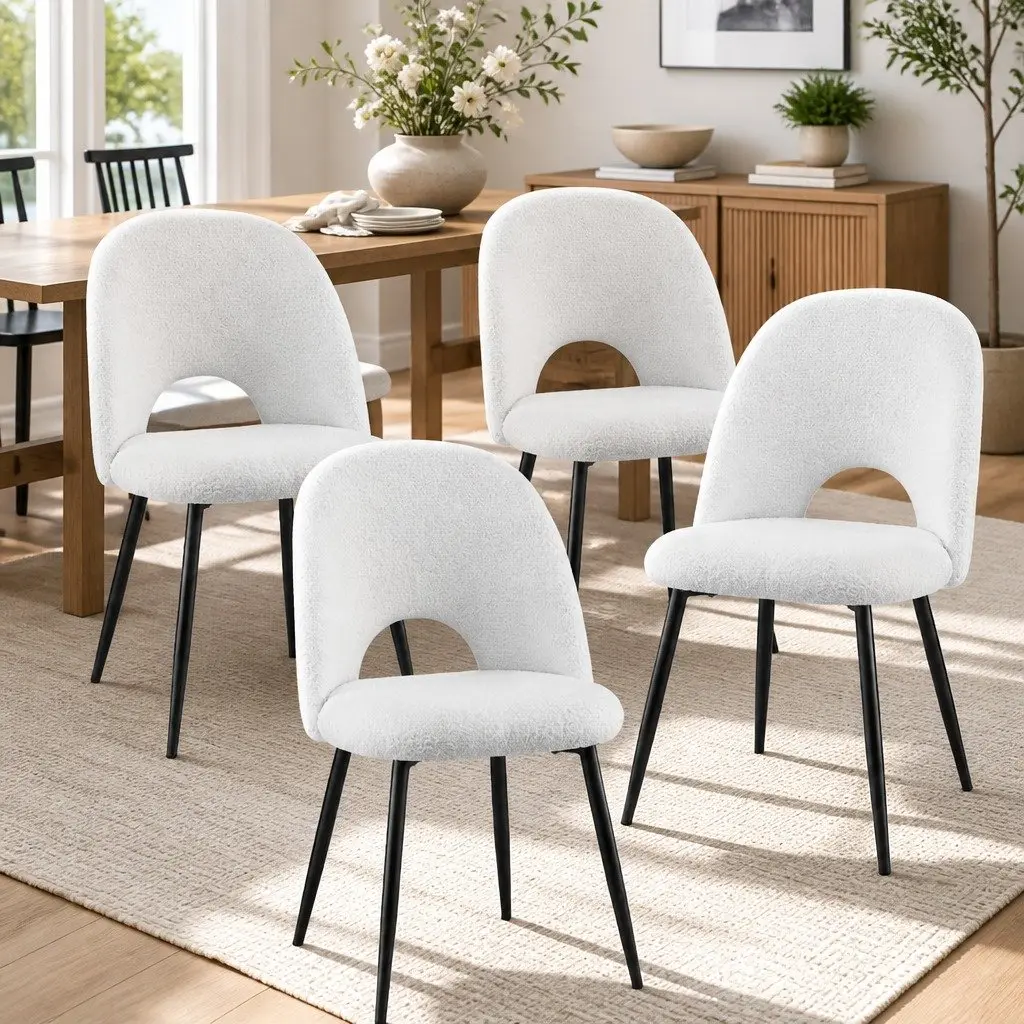 Dining Chair Set of 4 White Boucle Sherpa Fabric Curved Backrest