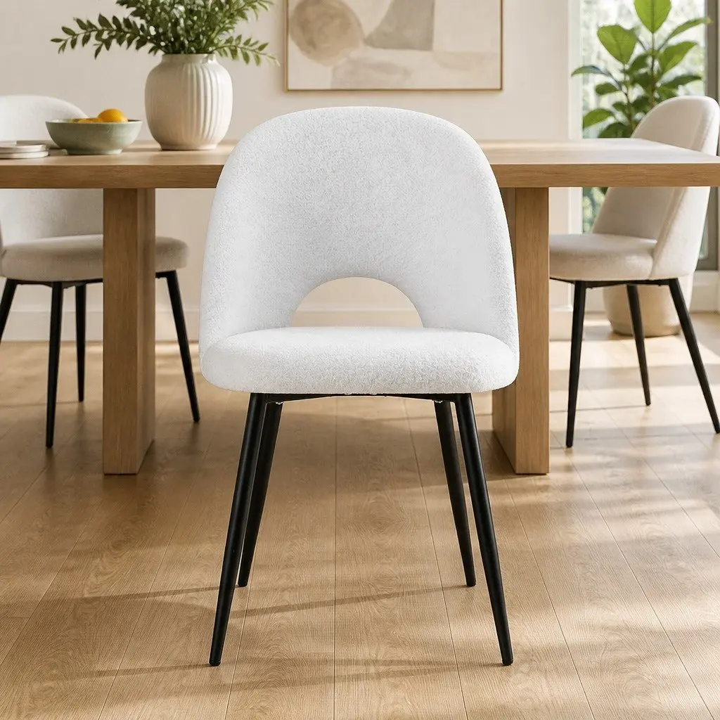 Dining Chair Set of 4 White Boucle Sherpa Fabric Curved Backrest