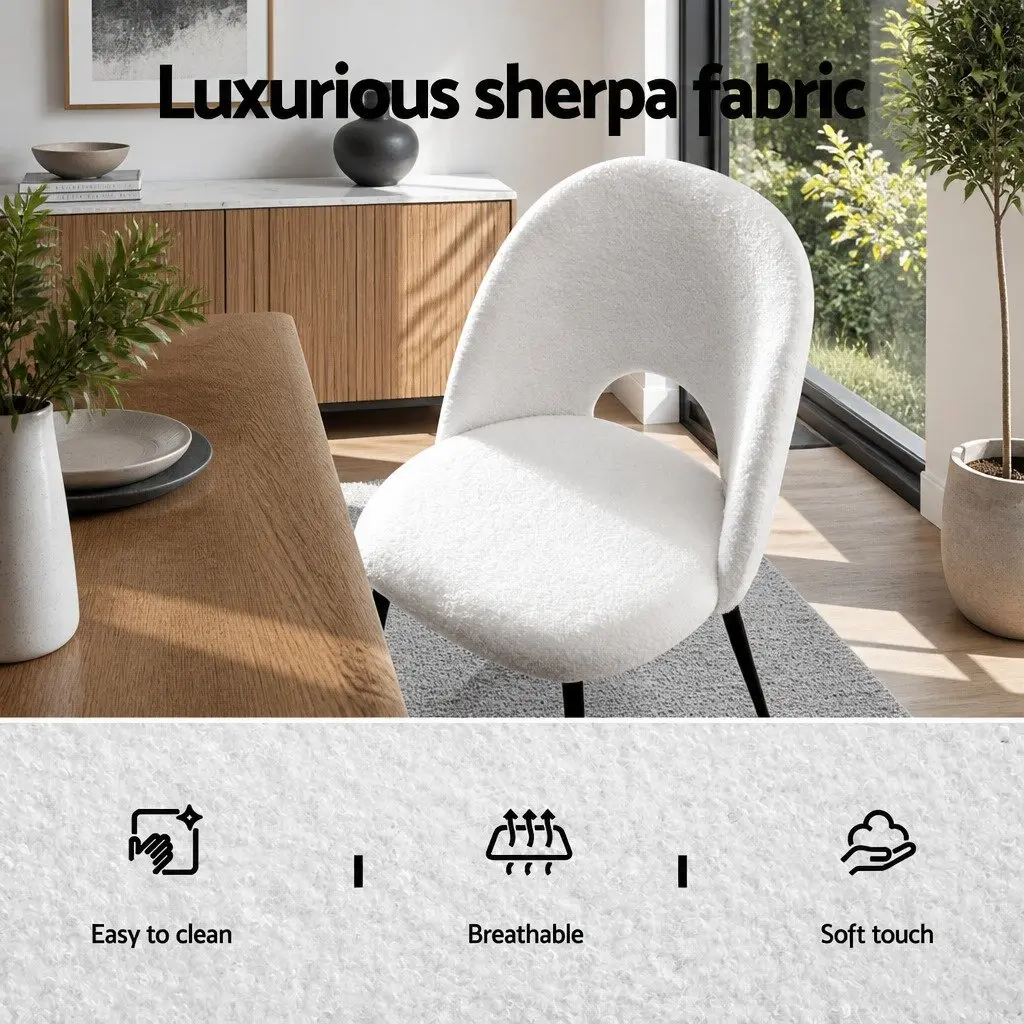 Dining Chair Set of 4 White Boucle Sherpa Fabric Curved Backrest