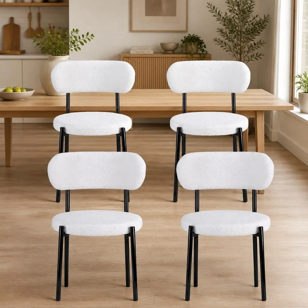 Dining Chairs Set of 4 White Sherpa Boucle Upholstered Kitchen Seat